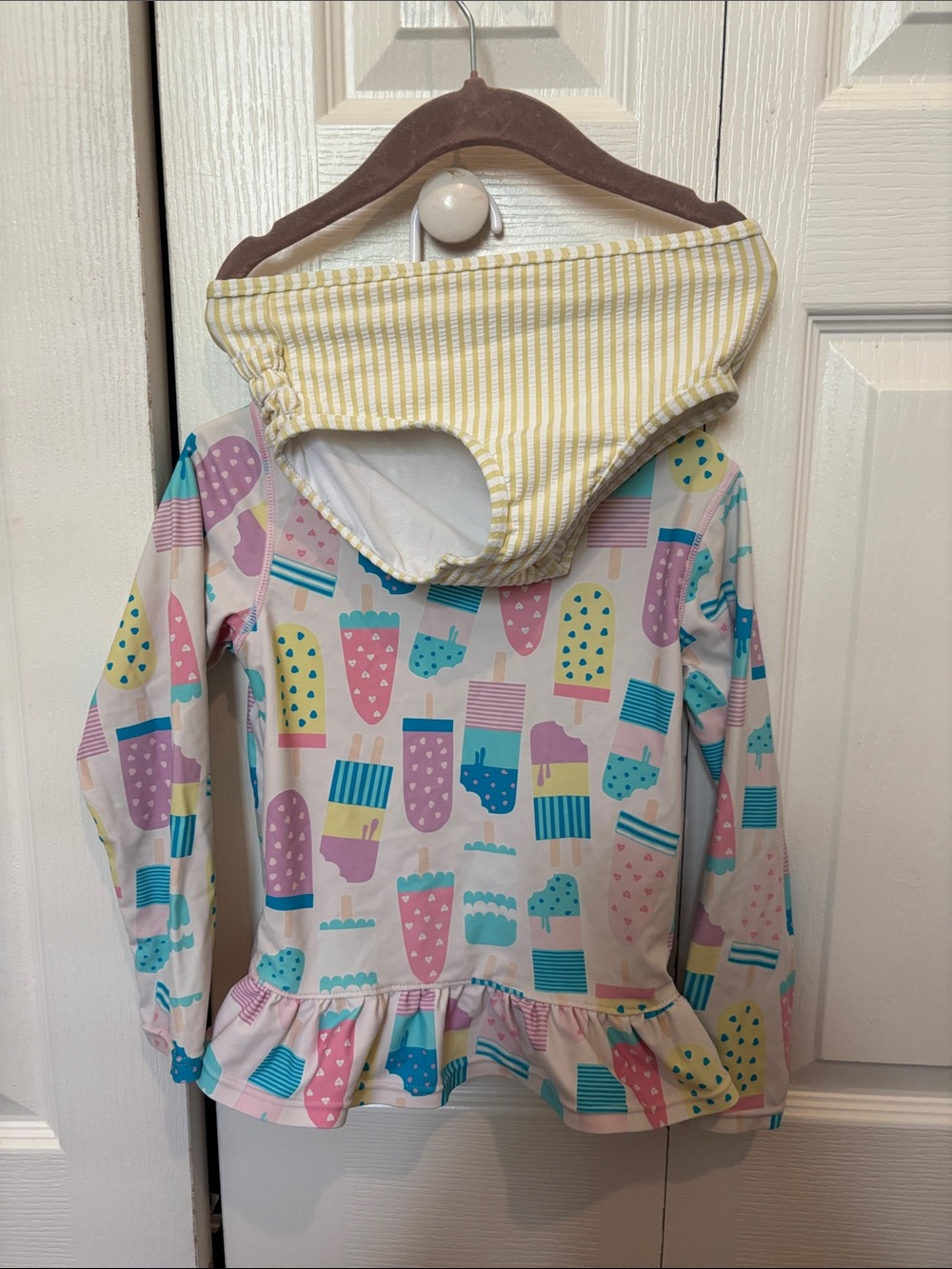 Ruffle Butts Pastel Popsicle Print Rash Guard with Yellow Stripe Swim Bottoms